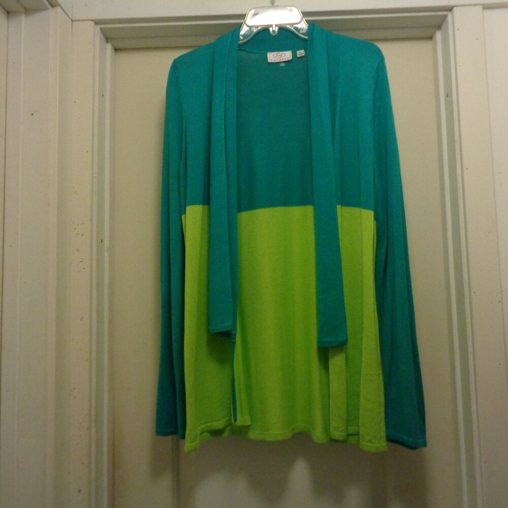 TEAL & LIME PIE COLOR BLOCK LONG DRAPED SWEATER BY OSO X L